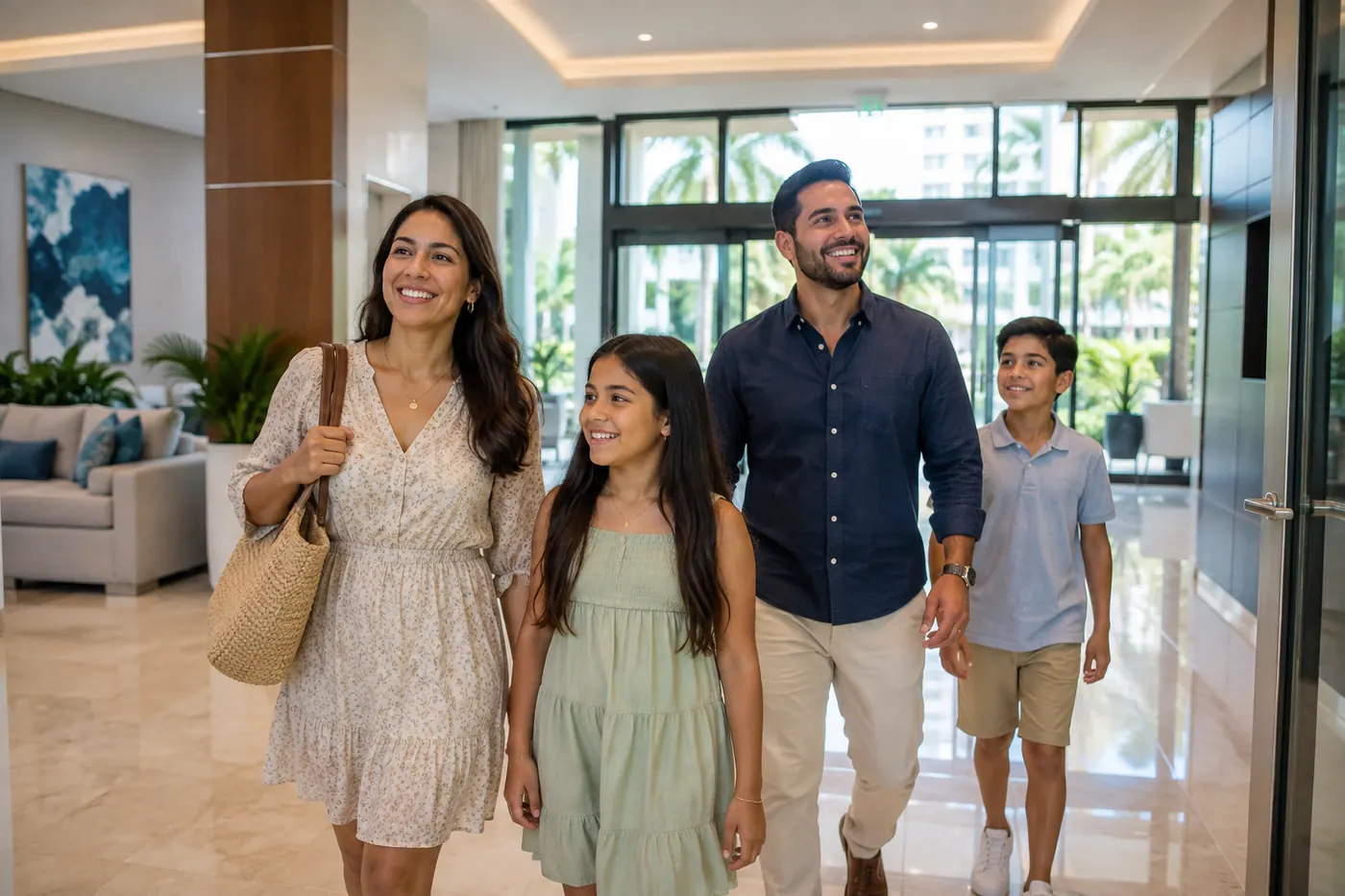 Familia llegando a su nuevo edificio